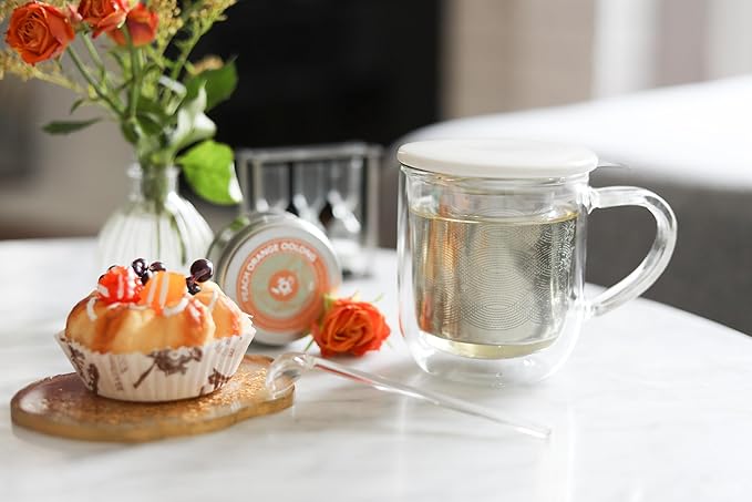 Teabloom Tea-For-One Steeping Mug – Insulated Double Wall Glass Mug (12 oz), Stainless Steel Infuser, Porcelain Lid/Coaster – Radiance Brewing Mug