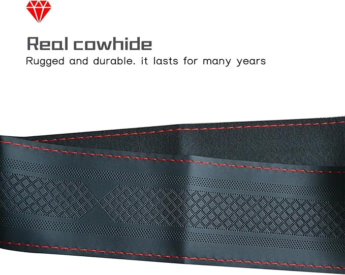 Comfortable Leather Steering Wheel Cover, Non Slip and Breathable, Suitable for 15 Inch Steering Wheel (Red Stripe