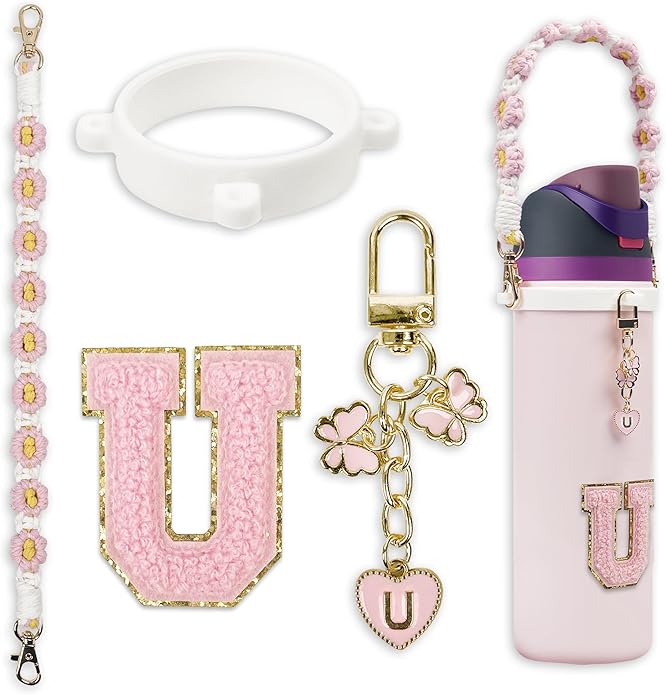 Compatible with Owala Water Bottle Accessories, Cute Letter Charm Set with Boho Handle Strap, Monogram Sticker, Silicone Ring, Keychain Decoration, for FreeSip 24 32 40oz, Owala Kids, Tumbler Gift