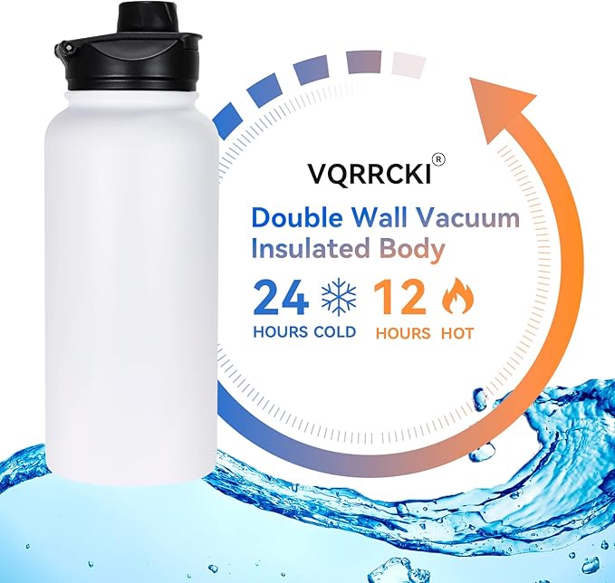 32 oz Insulated Water Bottle Bulk 8 Pack, Stainless Steel Sports Water Bottles with Straw Lid & Wide Mouth Lids, Double Walled Vacuum, Leak Proof, White