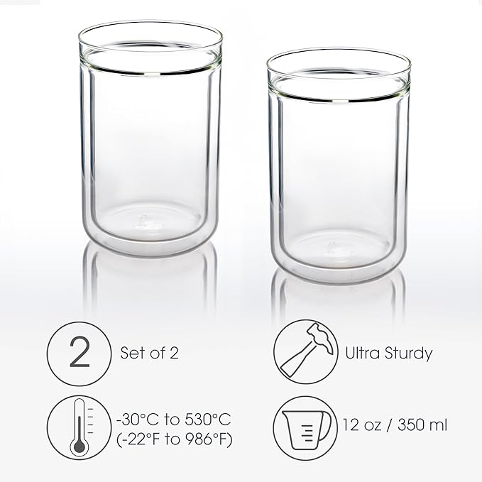 Brod & Taylor Double-Wall Insulated Glass Coffee/Tea Tumblers (Set of 2, 12oz / 350ml)