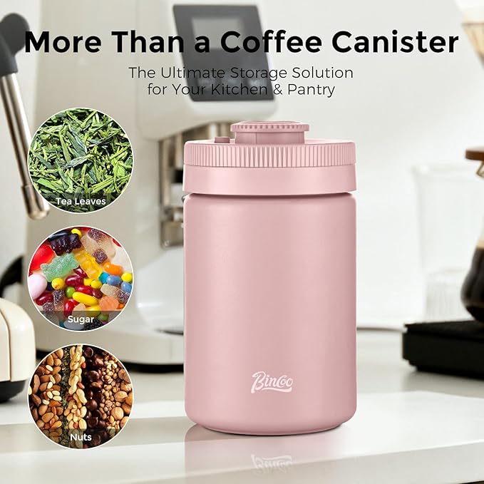 Bincoo Coffee Canister, Large Stainless Steel Coffee Bean Storage Container with Date Tracker, One-Touch Vacuum Seal Coffee Canister, Airtight Food Storage Container Freshness Kit for Coffee Beans