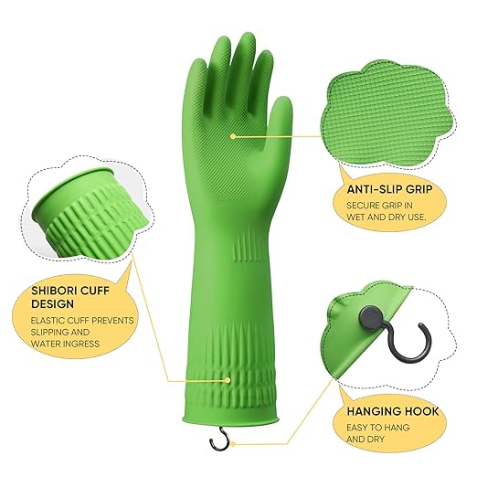 Rubber Gloves for Cleaning – 3 Pairs Reusable Gloves for Dishwashing, Kitchen and Household Tasks, 15-Inch Long (With Hook, Medium (Fits Small Hands))