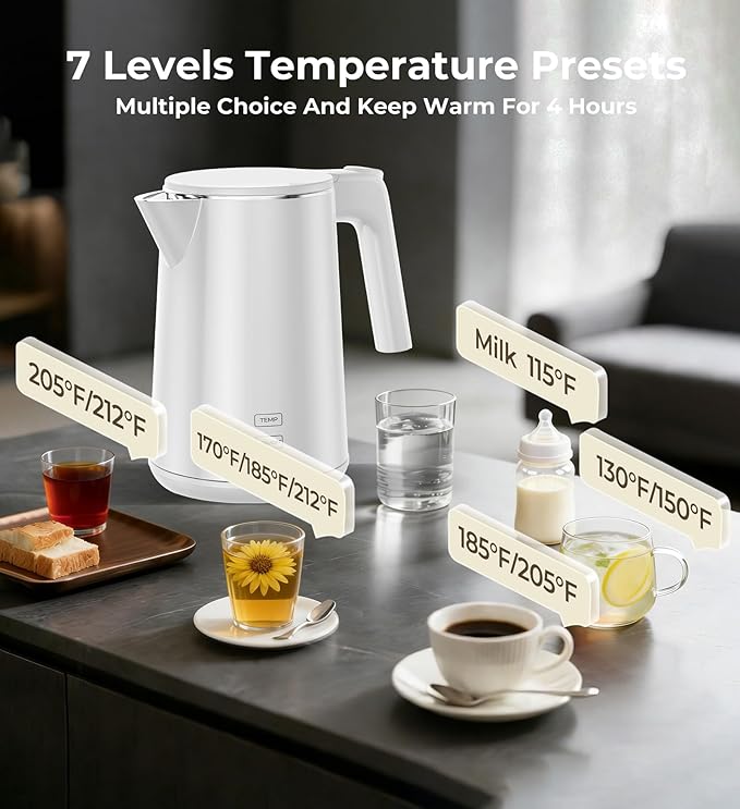 Electric Kettle, 1.0L Fast Boiling with 7 Temperature Settings, Auto Shut-Off & Boil-Dry Protection, Stainless Steel Interior, 4 Hour Keep Warm, Cool Touch Double Wall, Perfect for Coffee & Tea, White