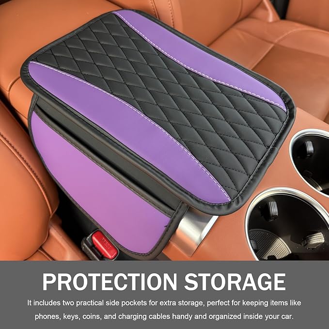 Car Center Console Cover, Patchwork Leather Armrest Cover Cushion with 2 Storage Bag, Waterproof Comfortable Auto Arm Rest Pad, Universal Center Console Protector for Sedan, SUV (Purple)