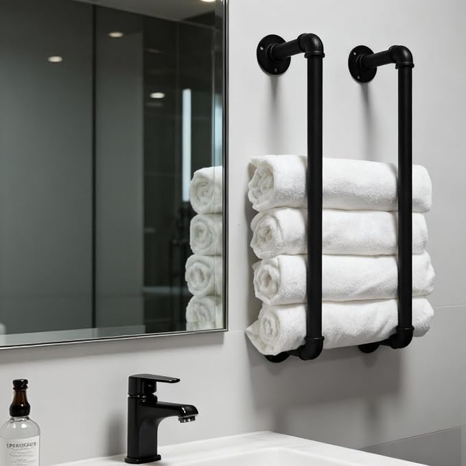 Towel Racks for Bathroom Wall Mounted 24 Inch,Industrial Pipe Towel Storage Organizer Towel Holder(Black)