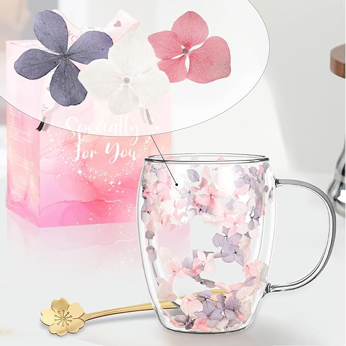 Gifts for Women Dried Flowers Double Wall Glass Coffee Mugs Cute Glass Tea Cups with Handles Christmas Birthday Gifts for Best Friend Teacher Mum Gift New Home Gift Ideas Autumn Mug Home Decor