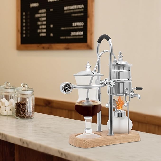 Balance Siphon Coffee Maker, 13.53OZ Manual Vintage Coffee Brewer, Belgian Family Balance Siphon Coffee Maker with Wooden Base for Home, Kitchen, Coffee Shops (Sliver)