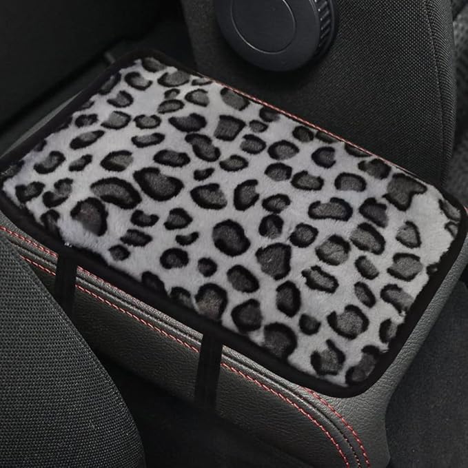 Craedli Leopard Print Car Center Console Cover, Fluffy Soft Car Arm Rest Protective Cushion with Elastic Band, Comfortable Warm Auto Interior Armrest Box Decoration Pad for SUV Truck (Gray)
