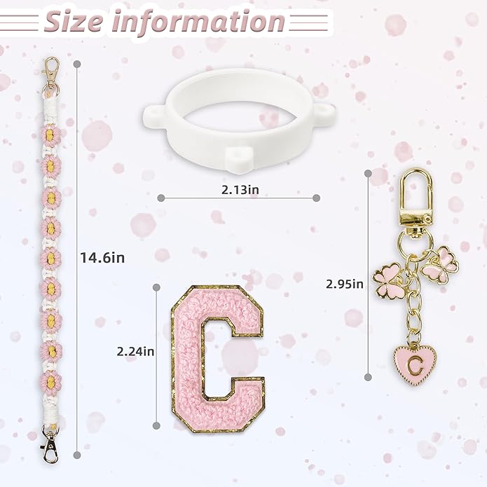 Compatible with Owala Water Bottle Accessories, Cute Letter Charm Set with Boho Handle Strap, Monogram Sticker, Silicone Ring, Keychain Decoration, for FreeSip 24 32 40oz, Owala Kids, Tumbler Gift