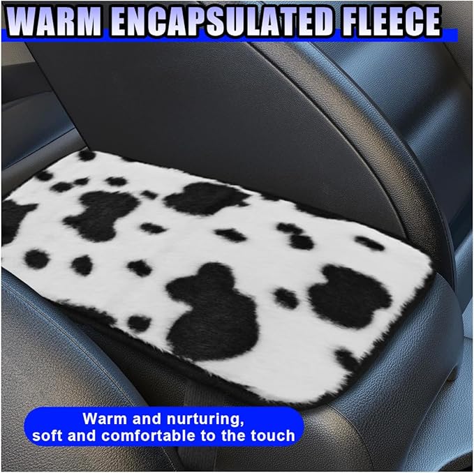 Furry Cow Print Armrest Cover for Car, Soft Plush Center Console Cushion Pad, Car Arm Rest Box Protector for Women Men, Universal Auto Decorative Accessories for Cars Trucks SUVs(Cow)