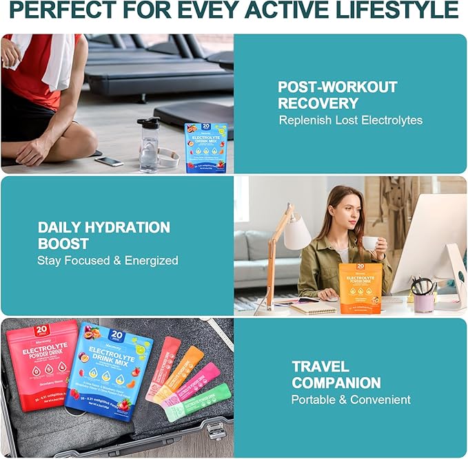 Electrolyte Powder Packets, Hydration Packets 20 Stick, Sugar Free Electrolytes for Rapid Recovery, Electrolyte Powder Drink Mix with Yerba Mate - Gluten Free, Keto Friendly, Vegan