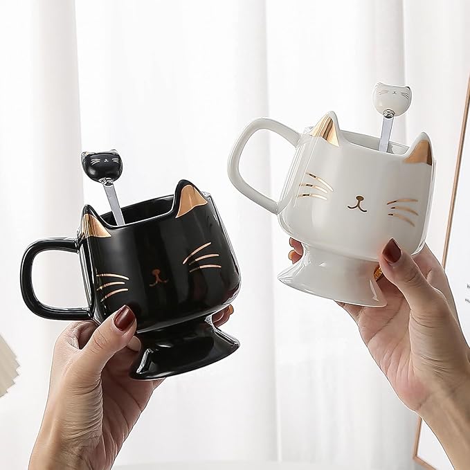 Yuwu Ceramic Coffee Mug, Cute Cat Tea Mug with Spoon, Funny Gifts for Women Girls for cat lovers (Black)