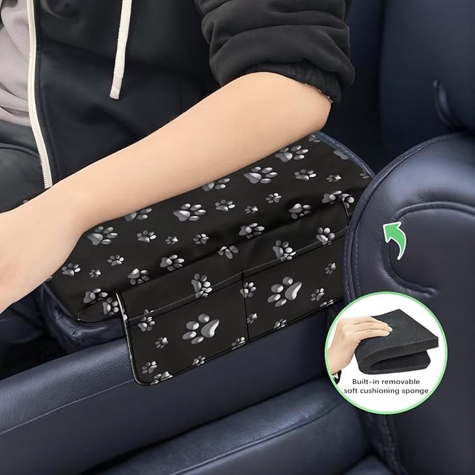 Dreaweet White Dog Paw Center Console Cover with Pockets Cute Car Accessories for Women Interior,Thick Arm Rest Cover for Car Truck SUV,Universal Car Armrest Cover Cushion Pad