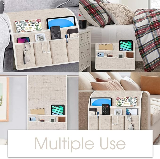 Joywell Armrest Organizer Remote Holder for Recliner Armchair Caddy Couch Sofa Arm Chair Caddie with 6 Pocket Storage for Magazine, Phone, iPad,Oatmeal