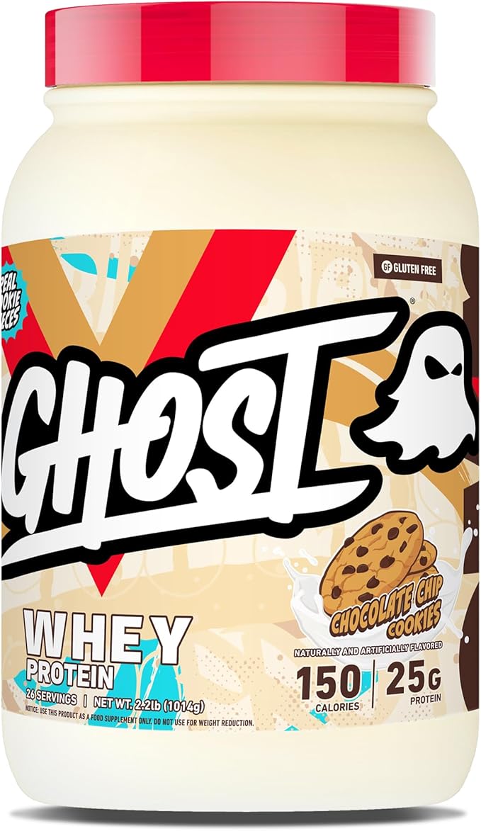 GHOST Whey Protein Powder, Chocolate Chip Cookies - 2LB, 25G of Protein - Whey Protein Isolate & Concentrate Blend - ­Post Workout Fitness & Nutrition Shakes with Real Cookie Pieces - Gluten-Free