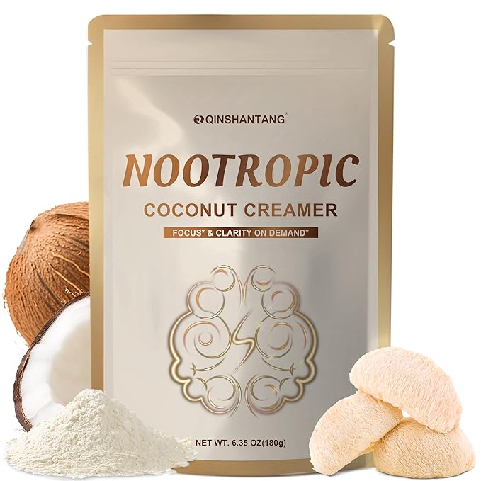 Mushroom Coconut Coffee Creamer, Nootropic Creamer Powder | Lion's Mane, Alpha GPC, Magnesium Glycinate, L-tyrosine, L-Theanine and MCT Powder | Brain, Focus | Keto & Vegan, 6.35 Oz