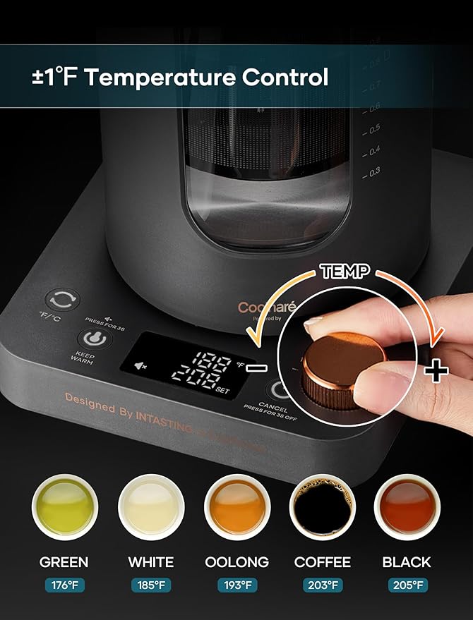 Electric Tea Kettle, Electric Kettle with Tea Infuser, ±1℉ Knob Temperature Control, BPA-Free Glass, 1200W Fast Heating, Easy to Clean, 1 Liter (Dark Gray)
