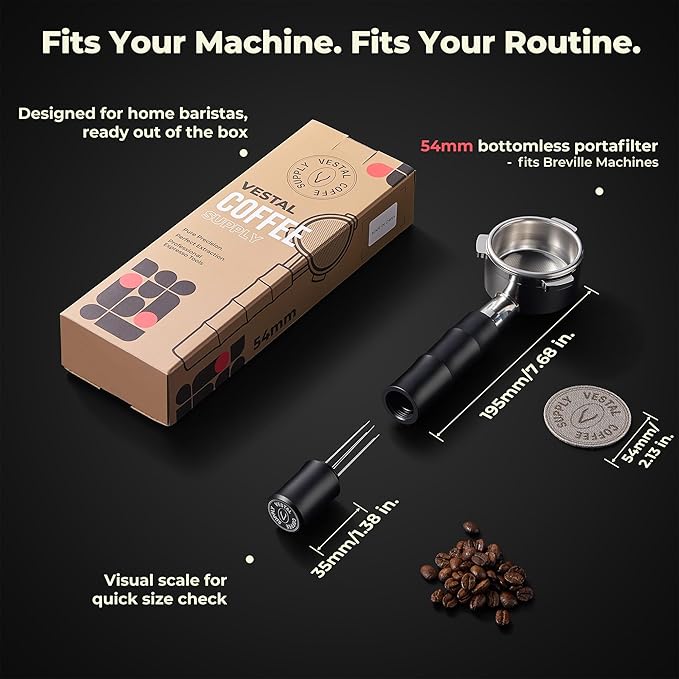 54mm Bottomless Portafilter with Integrated WDT Tool & Puck Screen - Compatible with Breville Barista Express, Pro, Touch, Bambino - Eliminate Channeling