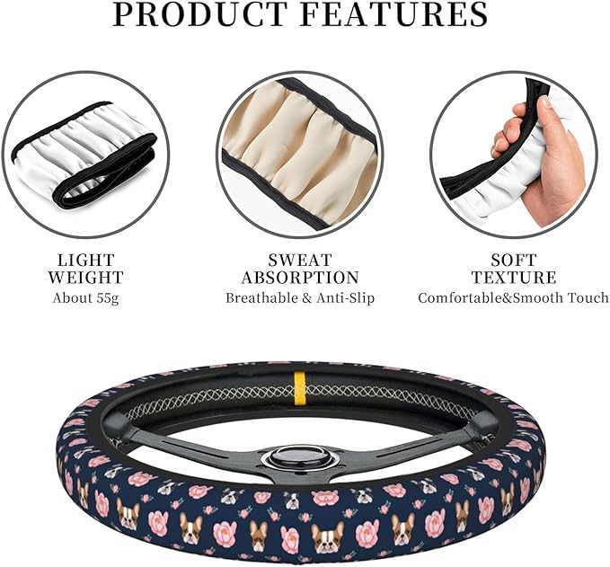 Neoprene Steering Wheel Cover French Bulldog Flowers Car Steering Wheel Cover Universal Fit for Most Cars