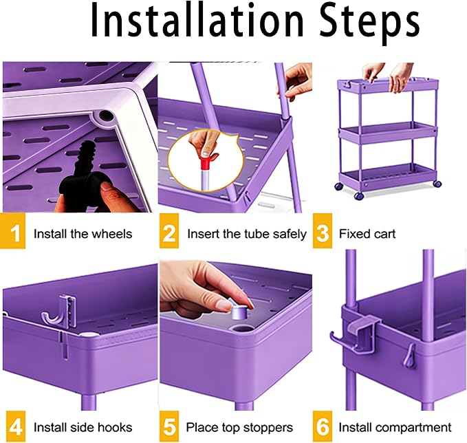 SPACELEAD Slim Storage Cart 3 Tier,Bathroom Organizer Rolling Utility,Mobile Shelving Unit Slide Out for Office, Kitchen, Laundry Room & Narrow Places,Purple
