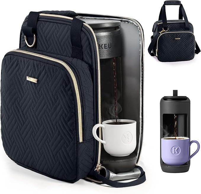BAGSPRITE Coffee Maker Travel Bag Compatible with Keurig K-Mini Mate, Full Open Carrying Case with Quilted Padded Soft Microfiber, K--Cup Single Serve Coffee Maker Bag with Pod Organizer, Mug Pockets