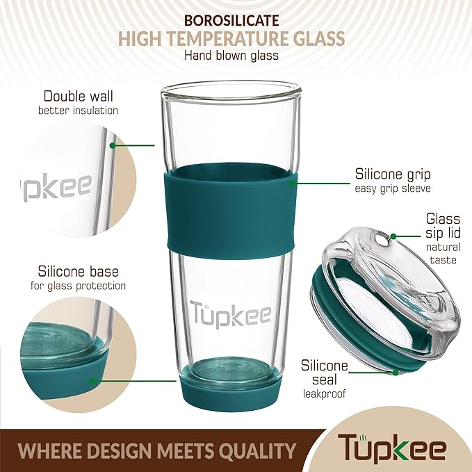 Tupkee Double Wall All Glass Tumbler - 14-Ounce, Reusable Insulated Tea/Coffee Mug & Lid, Hand Blown Glass Travel Mug - Cyan- 2 Pack