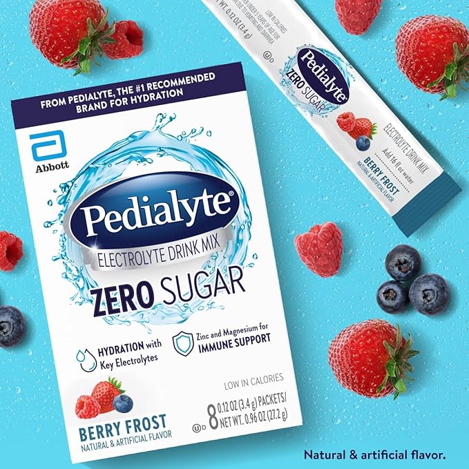 Pedialyte Electrolyte Drink Mix With Zero Sugar | Hydration With Key Electrolytes | Great Hydration Low in Calories | Berry Frost, 24 Powder Packets