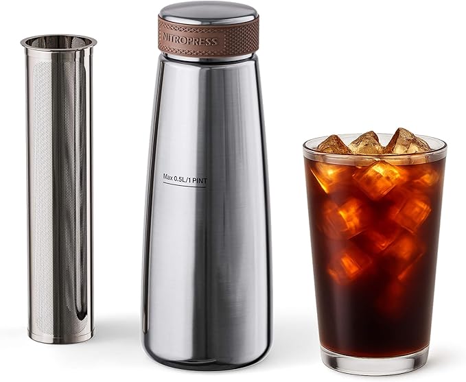 NitroPress Cold Brew Coffee Maker – Stainless Steel Home Brew Kit for Coffee and Tea with 200 Micron Filter Basket and Storage Cap - Perfect for Cold Brew at Home