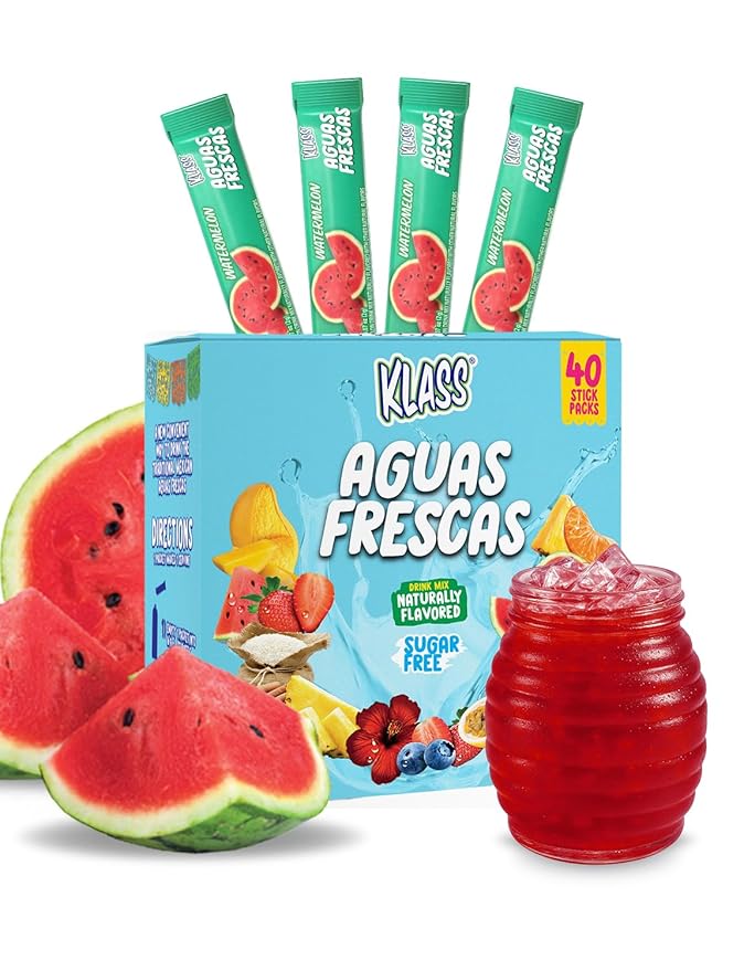 Klass Aguas Frescas, Powdered Drink Mix, 40 Singles Zero Sugar & Caffeine-Free Powder Packets, Water Drink Mix, Flavor: Watermelon - 5 Calories Per Packet & Natural Flavors