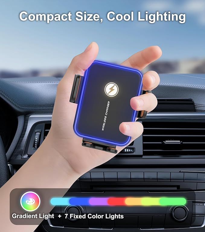 Car Mount Charger, 15W Fast Charging Auto Clamping Wireless Car Charger with 7-Color LED Lights, Air Vent Phone Holders for Your Car Accessory for iPhone Air 17 Pro Max 16 15 14 13 12, Galaxy S25