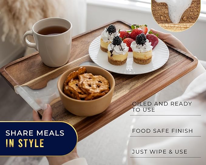 Comfify Visually Stunning Pearl White Resin + Acacia Wood Serving Tray - Modern 12x16 Serving Tray for Food, Breakfast in Bed, Coffee Table, Decor, Organization, Snacks, Patio, Lap Tray