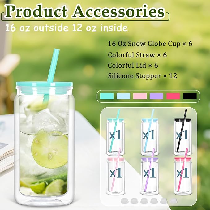 16 Oz Plastic Snow Globe Tumbler with Lid and Straw, 6 Pack Double Wall Pre Drilled Plastic Mason Jar Cups Can for Snow Globe Glitter DIY Gift(Mixed Colors)