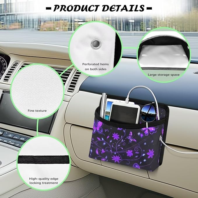 Purple Butterfly Universal Car Side Pocket Organizer, Car Pocket Pouch for Cars Seat, Door, Window, Console, Multifunctional Cars Organizer Accessories for Phone Sunglasses Keys Cards