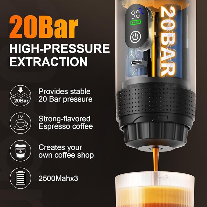 3-in-1 Portable Electric Espresso Machine–20Bar Self‑Heating camping coffee maker with 7500mA Battery,Display,compatible with Large/Small Capsules&Coffee Powder for Travel,Camping,Car&Office