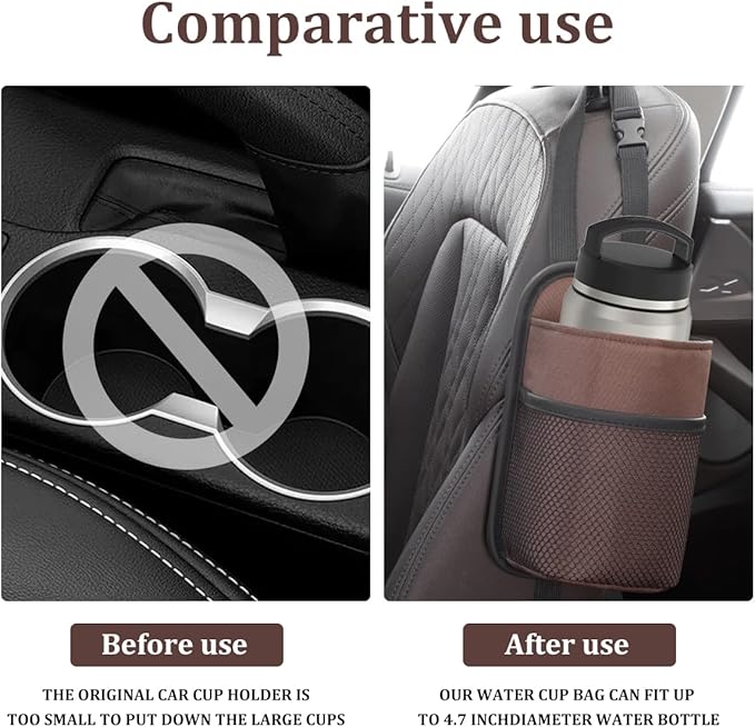 2 in 1 Large Car Cup Holder, Multifunctional Vehicle Seat Side Water Bottle Storage Hanging Bag with Mesh Pocket, Auto Interior Seat Side Organizer, Universal Fit (Medium/Brown)