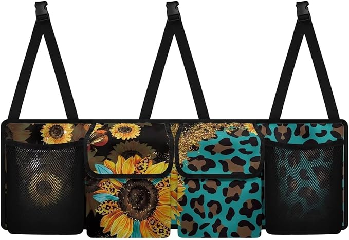SEANATIVE Sunflowers Leopard Car Trunk Organizer, Hanging Trunk Organizer for SUV, Backseat Car Organizer with 4 Large Compartments, Car Accessories Interior, Space Saving Expert