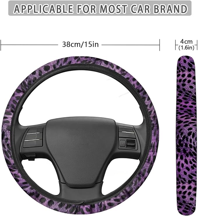 Universal Non-Slip Steering Wheel Cover, 15-inch Polyester Material Driving Accessories, Adjustable for Car and Truck(Artistic Amethyst Leopard)