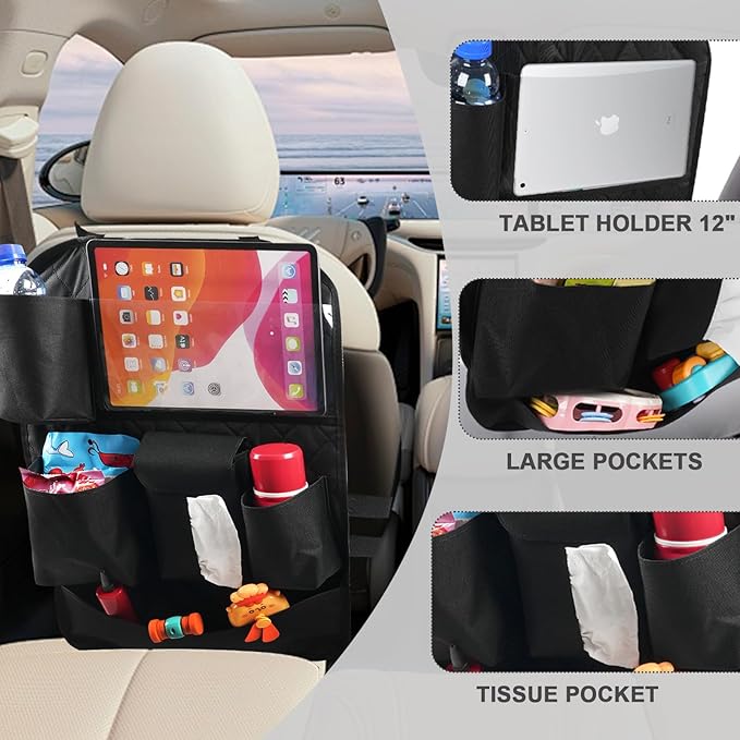 Car Seat Organizers,Multi-functional Back Seat Protectors, Storage Pouches, Child kicking prevention and Tray Holders Kick Mats Back (for Cars, Kids,and Rear Seats) (Black, 1 Pack)