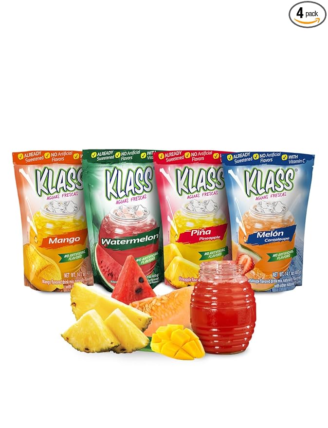 Klass Aguas Frescas Drink Mix Tropical Variety Pack - Watermelon, Cantaloupe, Mango & Pineapple - Powder Drink Mix, Water Drink Mix with Natural Flavors & Vitamin C, Makes 28 to 36 Quarts (56 to 72 Drinks)