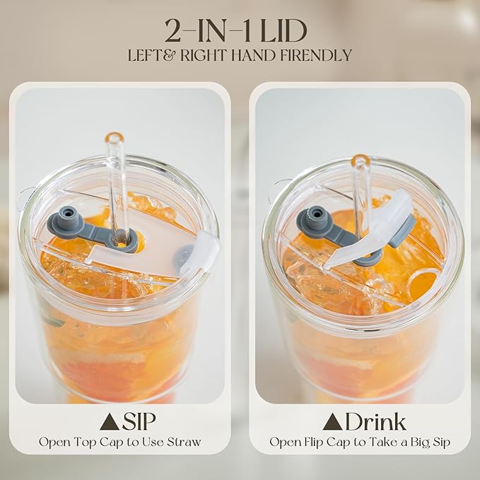KEMORELA 2PCS 20oz Clear Double Wall Glass Cups with Lids and Straws, Insulated Borosilicate Glass Tumblers, Heat-Resistant, leak-proof Design for Iced Coffee, Bubble Tea, Juice