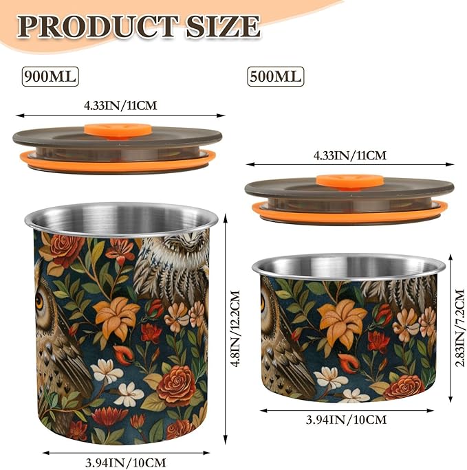 ALAZA Owl Rose Flower Airtight Coffee Bean Canister 900ml Food Storage Containers with Lids For Gournd, Tea, Sugar, Flour, Rice, Cereal, Candy Cookie Jar
