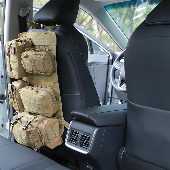 truck seat organizer and storage tactical car back seat back organizer with a Molle Vehicle Panel and 5 Different Size Molle Pouches for most models such as Jeep,SUV,Pickup (Khaki)
