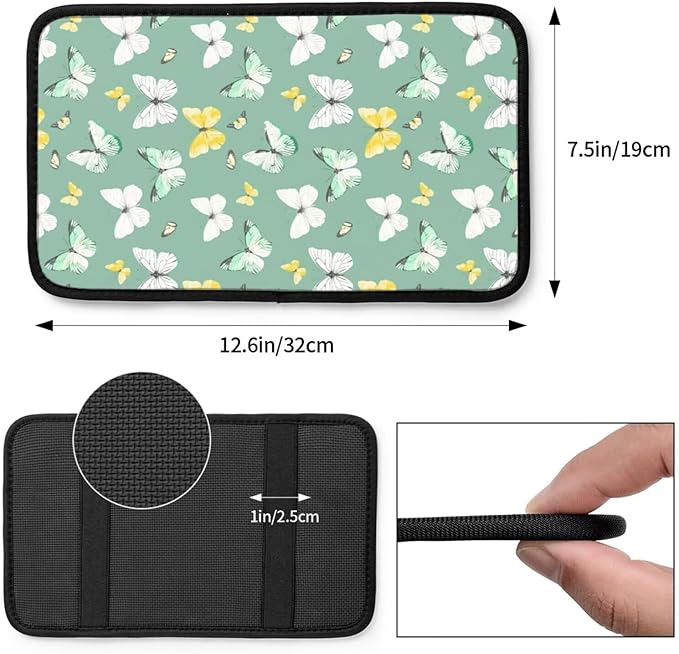 Butterflies Car Center Console Armrest Cover Sage Green Butterfly Polyester Fabric Armrest Lid Cushion Pad, Anti-Scratch Car Center Seat Box Covers Protector