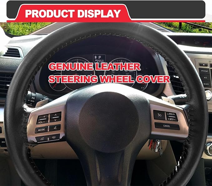Direct PU Leather Steering Wheel Cover, 15 Inch Non-Slip Breathable/Soft and Comfortable Feeling, Genuine PU Leather Stitch On Wrap for Car Truck SUV - DIY Sewing with Needle Thread (Black)