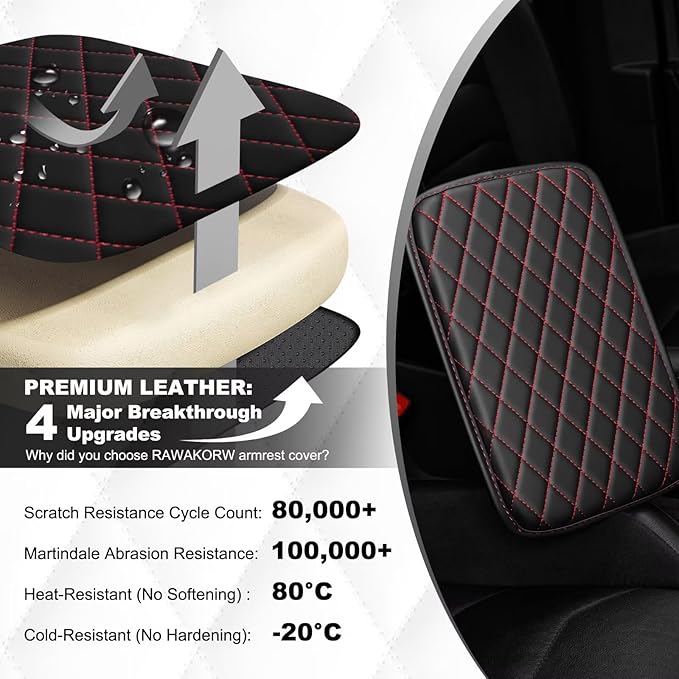 Upgraded Car Center Console Cover Fit for bZ4X Faux Leather Car Armrest Cover Cushion with 2 Storage Bags,Car Armrest Storage Box Interior Accessories(Black&Redline)