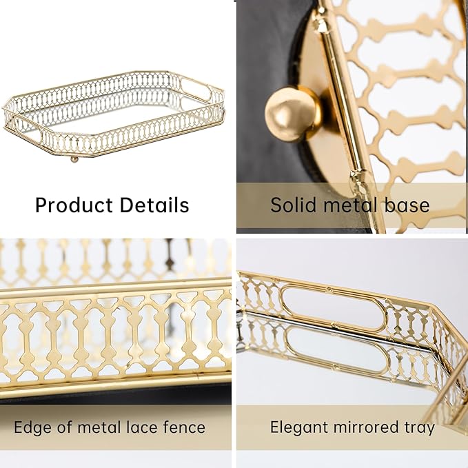 Bar Cart Tray, Decorative Mirrored Tray with Handles, Large Capacity Organizer, Gold