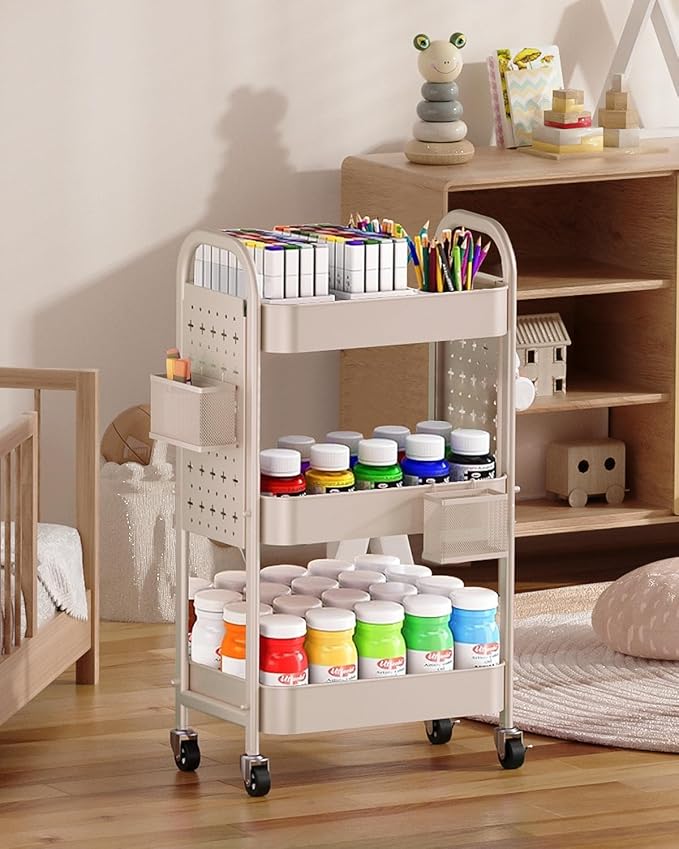 ALVOROG 3 Tier Rolling Cart with DIY Pegboards Metal Utility Cart with Wheels Handles Baskets Hooks, Craft Cart for Office Kitchen Bathroom(Khaki)