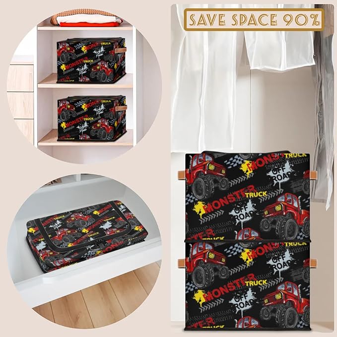 Storage Bins With Zipper Lid, Collapsible Trunk Organizer, Car Organizers and Storage Bins with Lids, Decorative Storage Boxes with Handle, Home Storage Baskets for Organizing (Monster Truck)