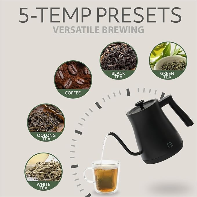 WILLOW ECO SERIES Gooseneck Electric Kettle with 5 Temperature Presets and Keep Warm Feature, 1L Pour Over Kettle for Coffee & Tea, 1200W Quick Heating with 100% Stainless Steel Interior Water Heater